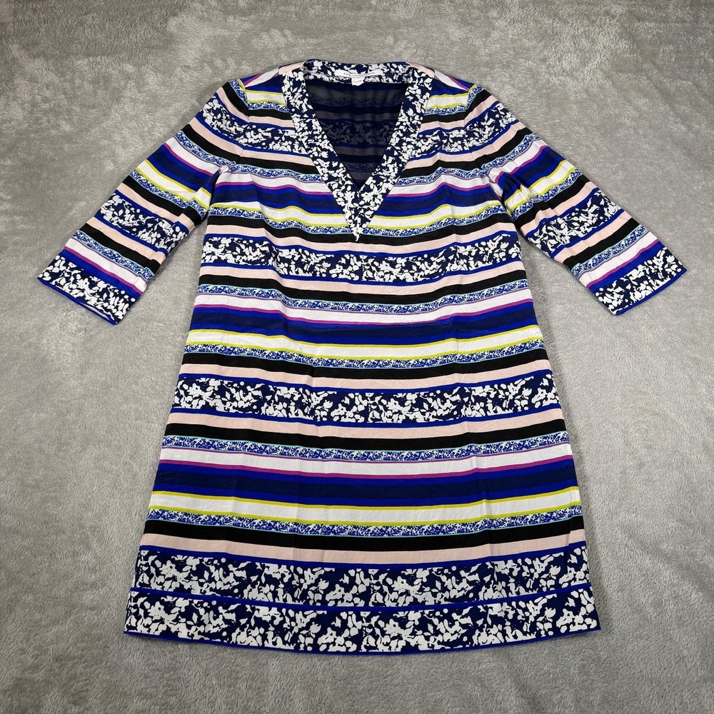 Diane Von Furstenberg Dress Womens 6 Multicolor Stripe Mini V Neck 3/4 Sleeve